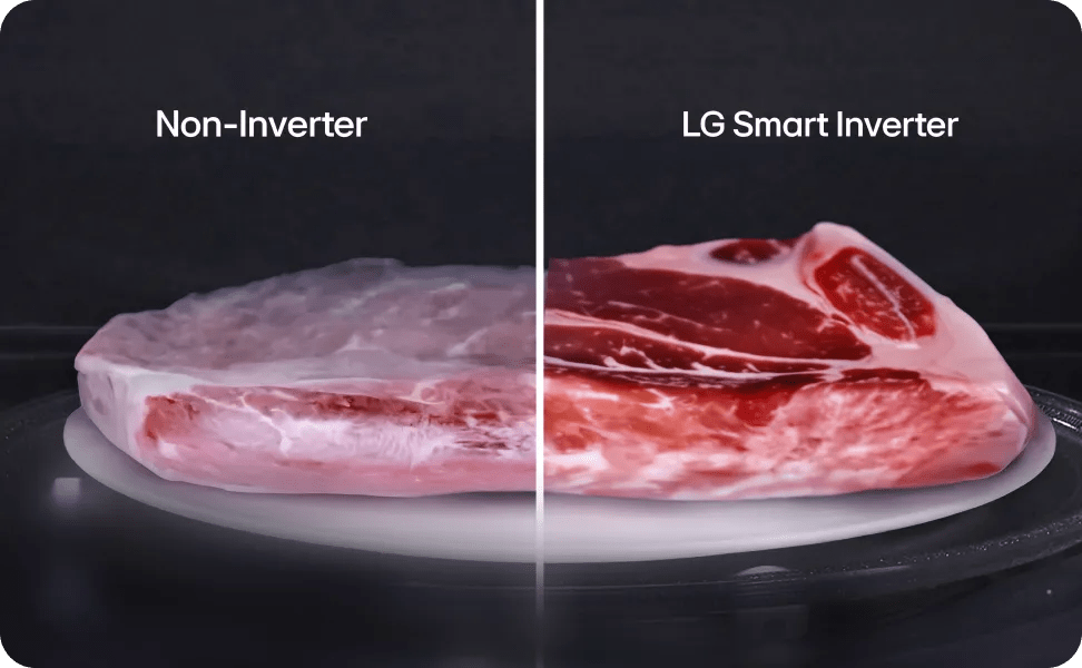 Split image showing raw meat on a turntable labeled Non-Inverter vs LG Smart Inverter, with two steaks displayed.