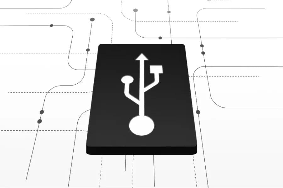 A USB symbol emanating multiple lines of connectivity. 