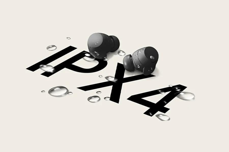 Image of earbus with water on this to demonstrate IPX4 water resistant feature