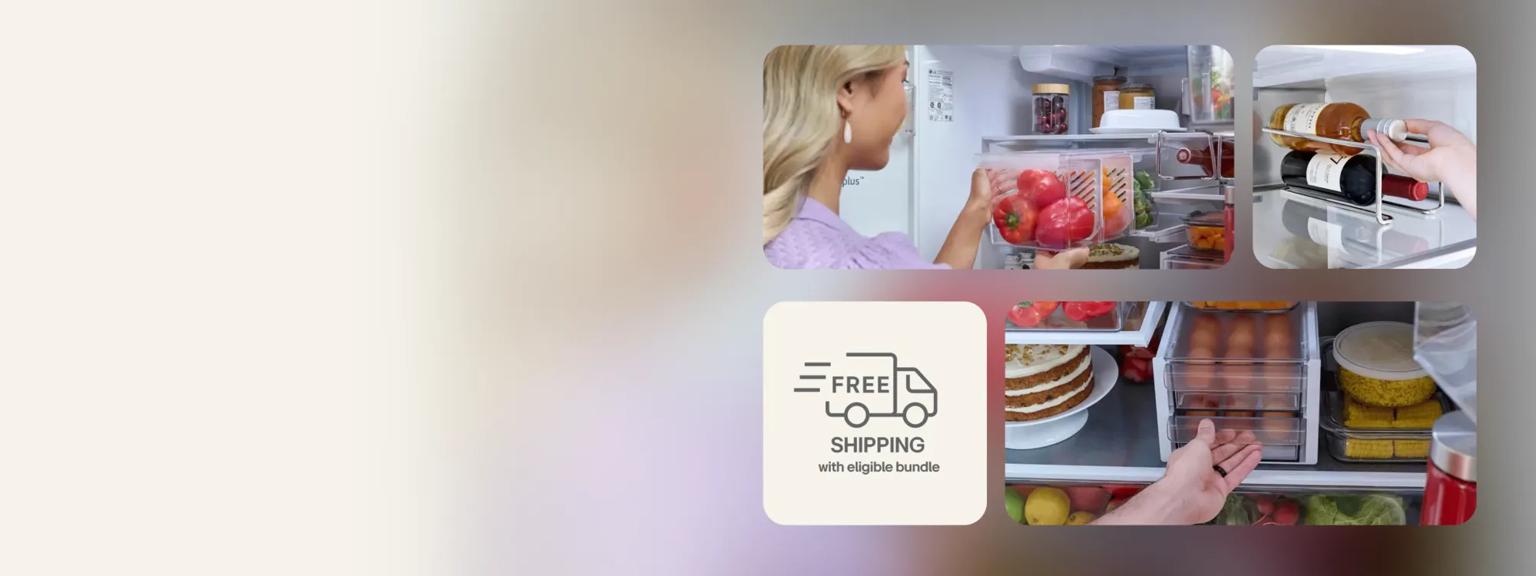 Various images of LG refrigerator racks, bins and trays in an LG refrigerator full of food. “Free shipping with eligible bundle” text.