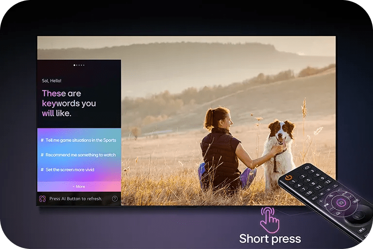 A TV screen shows a woman sitting in a field with her dog, and a user interface with keyword suggestions like “Tell me game situations in the Sports,” “Recommend me something to watch,” and “Set the screen more vivid.” A remote control is shown in the foreground with a purple glow around the AI button and a label indicating “Short press.”