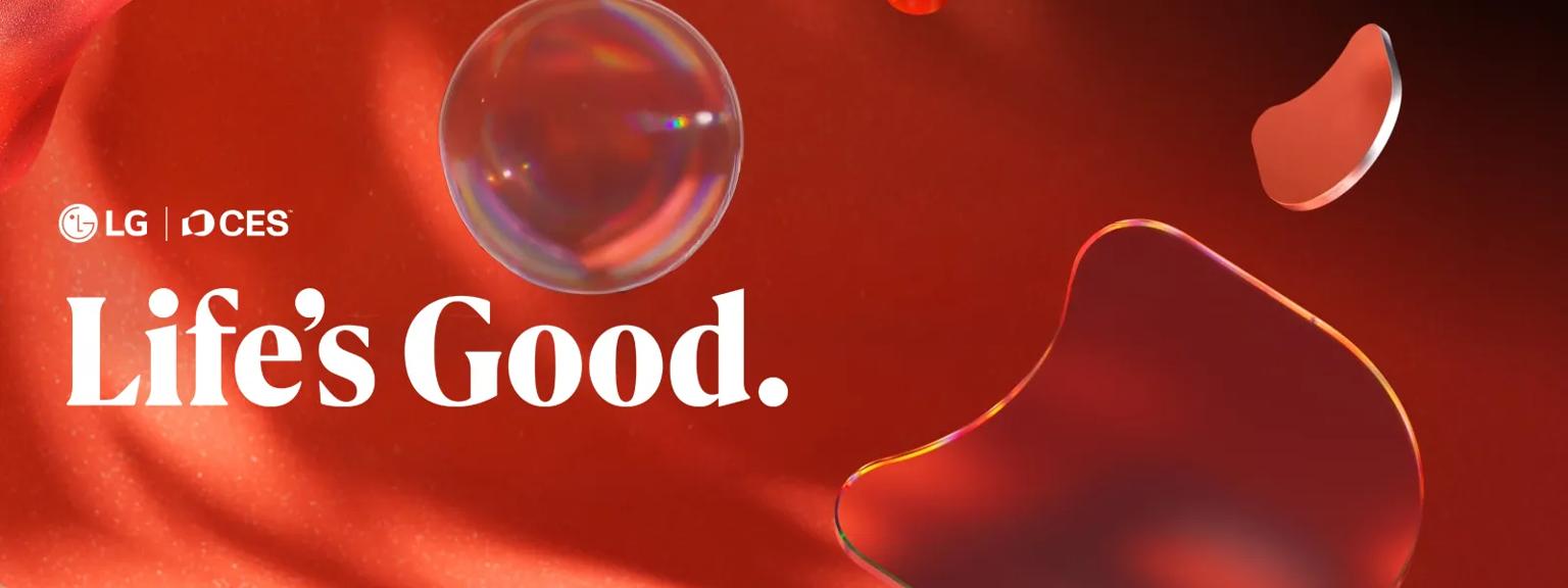 Abstract red organic shapes and light with large white Life's Good slogan. The LG logo and CES logo are above the slogan.