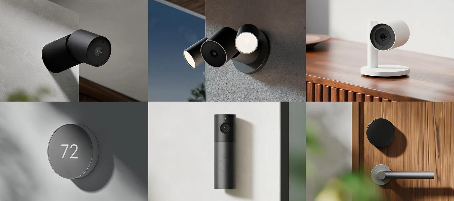 Grid of six LG smart home devices: a black outdoor camera, a floodlight camera, a white indoor camera on a wood sideboard, a thermostat reading 72, a black video doorbell, and a smart lock above a door handle.