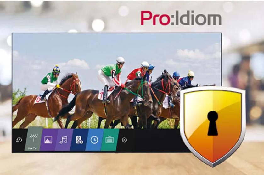 An LG Hospitality TV displaying the LG user interface with a nature landscape background, and a shield icon with a keyhole in the foreground beside it.