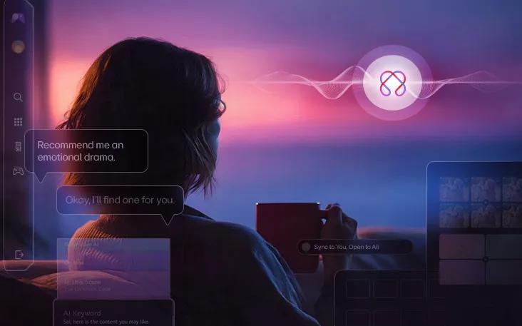 LG AI TV with AI-powered personalization shows a person seated holding a cup and watching TV, as on-screen AI recommends emotional drama with a response message, illustrating a viewing experience tailored to the viewer.