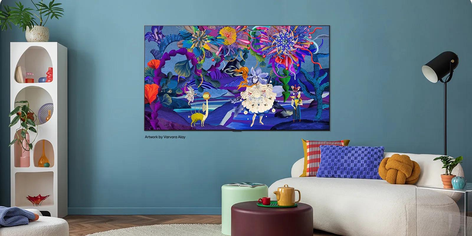 Interior of a stylish and colorful home. An LG TV is mounted on the wall. On its screen is a colorful modern artwork. The illustration on the TV adds personality to the overall interior design of the space.