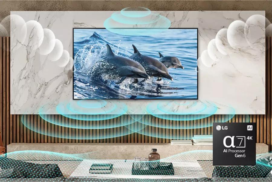 A nature scene on-screen with sound waves reverberating from the TV. Alpha7 AI Processor Gen6 chip.