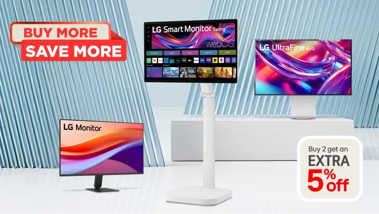Buy More Save More promotion featuring LG Monitor, LG Smart Monitor Swing with webOS, and LG UltraFine evo monitors. Buy 2 get an EXTRA 5% off.