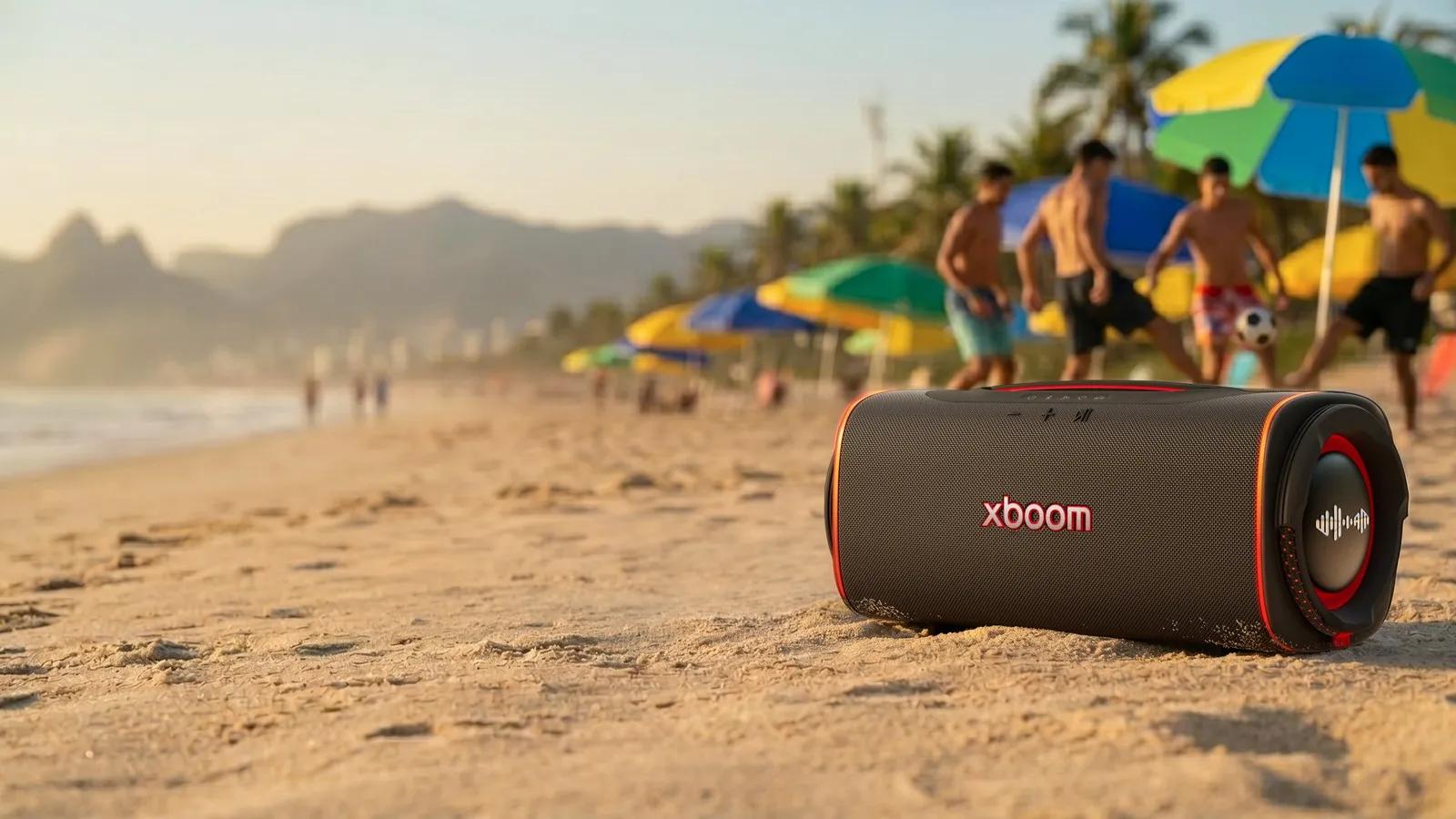 LG xboom portable Bluetooth speaker with red accent lighting resting on a sandy beach with people in the background