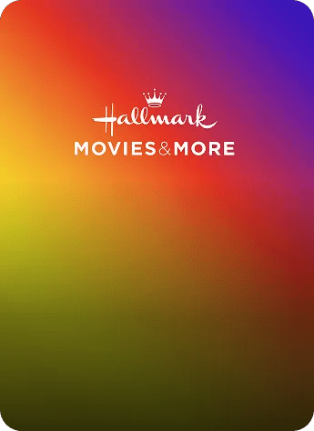 Hallmark Movies & More title card with white logo text centered on a vibrant rainbow gradient background.