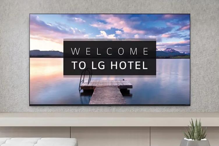 Flat-screen TV displaying a lakeside scene with "Welcome to LG Hotel" text.