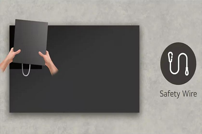 Two hands removing a black panel, showing a white wire loop, with a safety wire icon nearby.