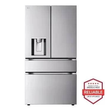 A badge next to this LG refrigerator says, Brought to you by America's most reliable line of appliances.