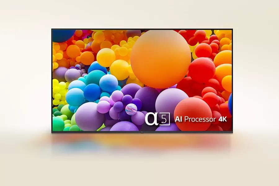 The LG UT7570 screen, featuring balloons in every color of the rainbow and in varying sizes with the AI Processor 4K logo.