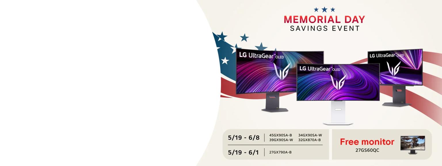 “Memorial Day Savings Event” title badge. A group of UltraGear OLED monitors appears before a stars and stripes background graphic. Below, a pop-out image of an UltraGear QHD monitor appears, along with text reading “FREE Monitor”. Eligible monitors listed as 45GX90SA-B, 34GX90SA-W, 27GX790A-B