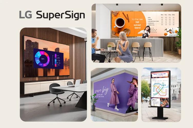 A collage of four images showcasing LG SuperSign displays in different settings, including a conference room, café, fashion billboard, and outdoor transit kiosk.
