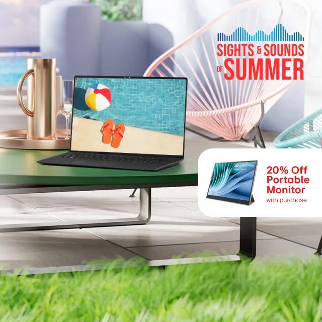 “Sights and sounds of summer” title . LG gram laptop on a poolside table. “”20% off portable monitor” pop-out text.