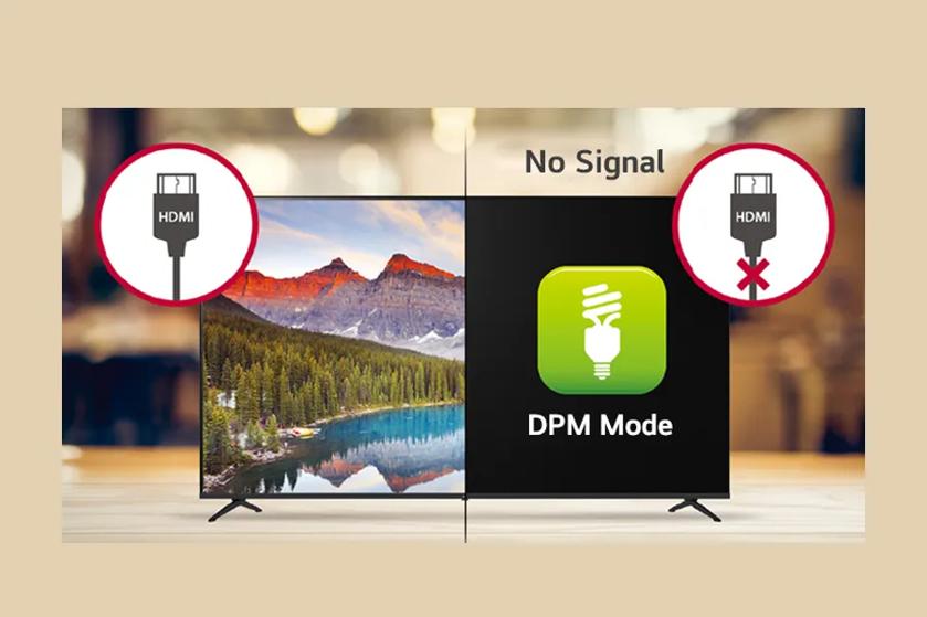 A split TV screen showing a landscape with an HDMI icon and a 'No Signal' message with 'DPM Mode' icon.