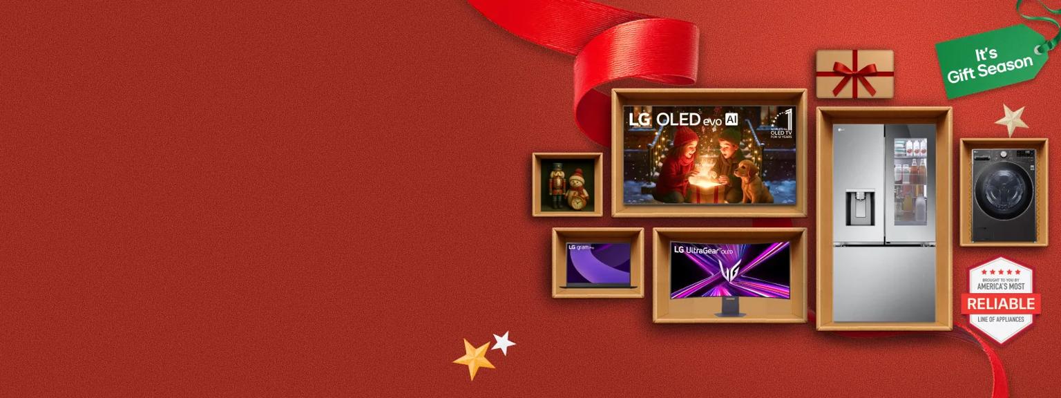 “It’s Gift Season” tag. Various appliances, TVs, electronics and holiday-themed items appear in a gift box collage layout.  “America’s Most Reliable Line of Home Appliances” badge.