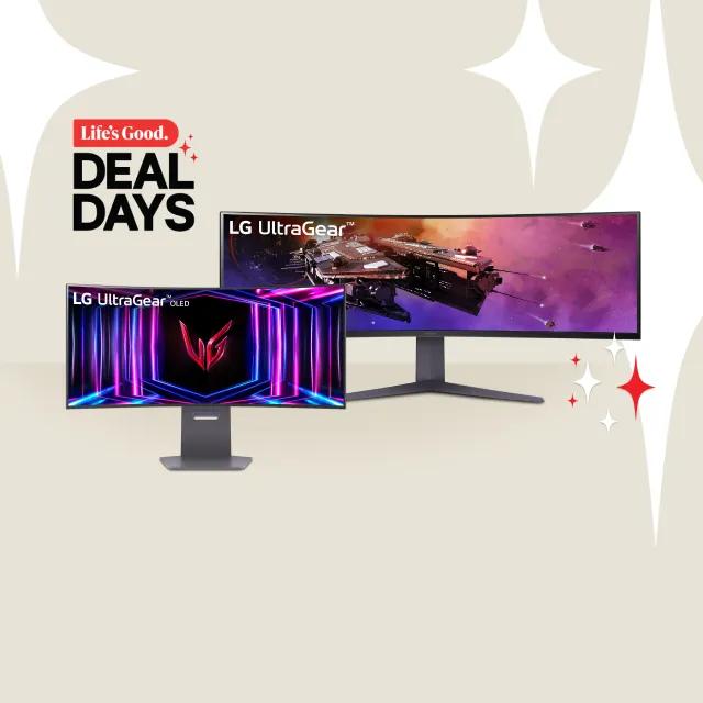 Life's Good Deal Days title badge. A group of LG monitors appear on a tan background. 
