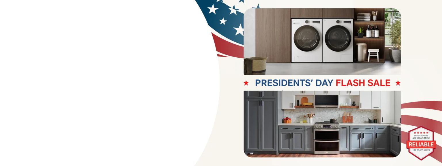 Presidents’ Day Flash sale banner featuring washer and dryer, kitchen with range and microwave, patriotic stars and stripes, and badge that says “Brought to you by America’s most reliable line appliances.”