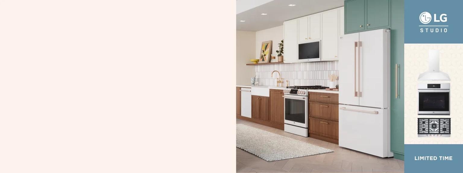 LG STUDIO appliances in a bright kitchen setting. Pop-out of a wall oven, range and hood with text reading “Limited Time” below. 