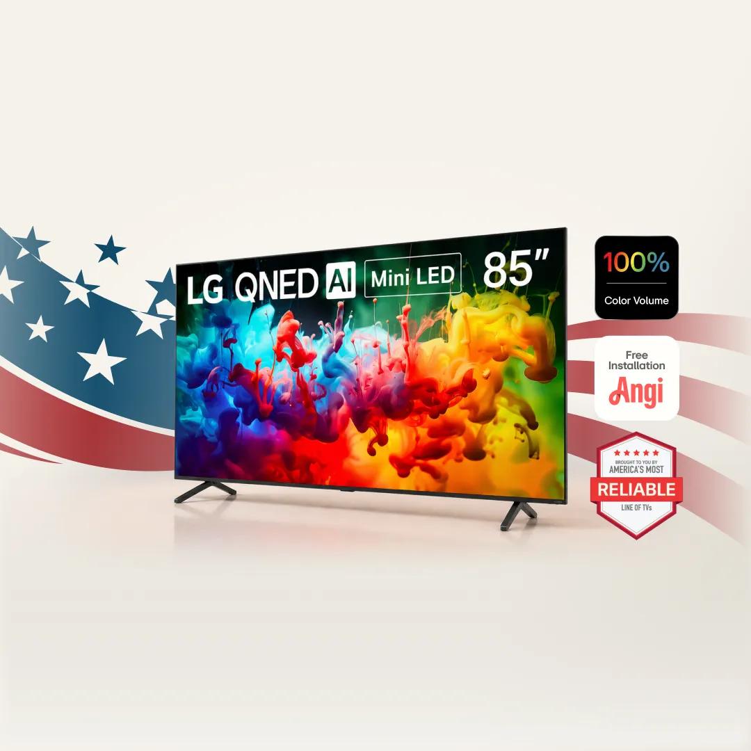 “4th of July Savings Event” title. “LG + America250: Proud Partner of America250” badge. An LG QNED Mini LED TV appears on a stars and stripes background. “100% Color Volume”, “Angi Free Installation” and “America’s Most Reliable line of TVs” badges. 
