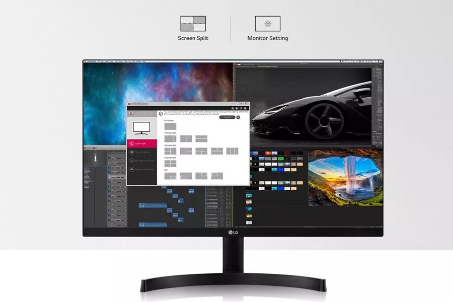 Image of a 24ML600 B monitor displaying multiple windows with key monitor settings