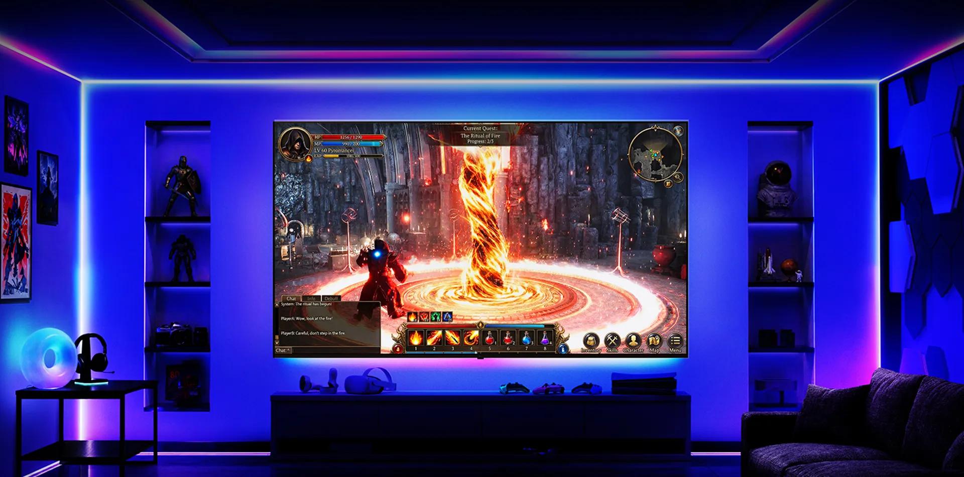 LG TV for gaming is wall-mounted in a dark room with ambient lighting, where a large screen displays a fast-paced action scene with dynamic effects, illustrating smooth and responsive gameplay with immersive visual performance.