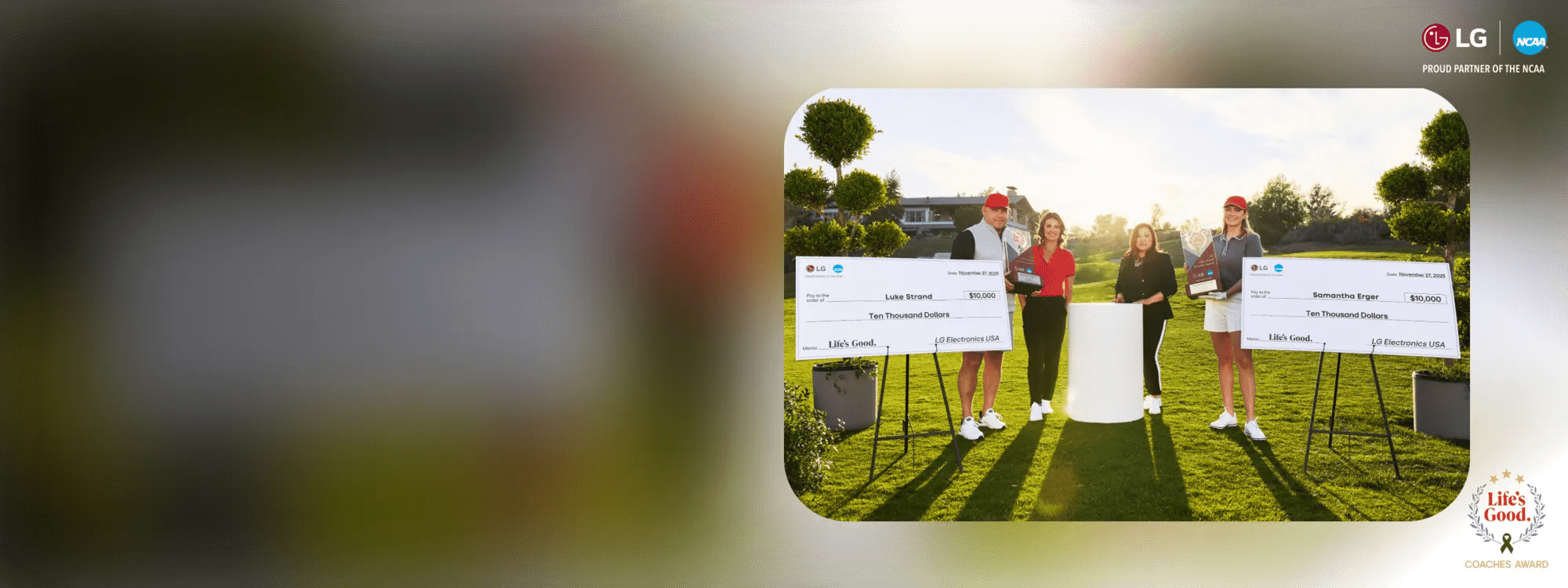 A photo from the 2025 LG Life’s Good Coaches Award ceremony shows Coaches Samantha Erger and Luke Strand posing with their awards.