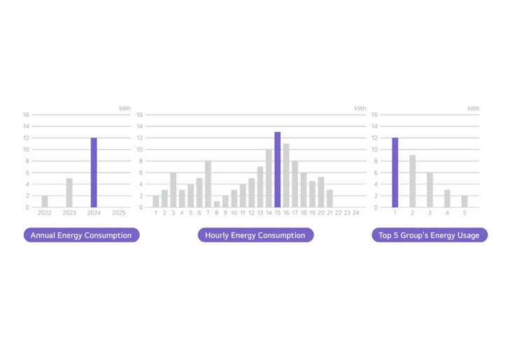Three bar charts showing annual, hourly, and top 5 group’s energy consumption, with highlighted purple bars indicating peaks.

Transcribed Text:

Annual Energy Consumption
Hourly Energy Consumption
Top 5 Group’s Energy Usage
2022, 2023, 2024, 2025
1, 2, 3, 4, 5, 6, 7, 8, 9, 10, 11, 12, 13, 14, 15, 16, 17, 18, 19, 20, 21, 22, 23, 24
1, 2, 3, 4, 5
kWh
0, 2, 4, 6, 8, 10, 12, 14, 16