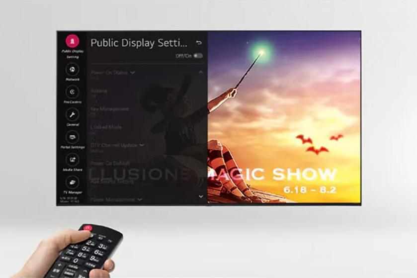 Television displaying a menu on the left and a show image on the right, with a remote control in the foreground.