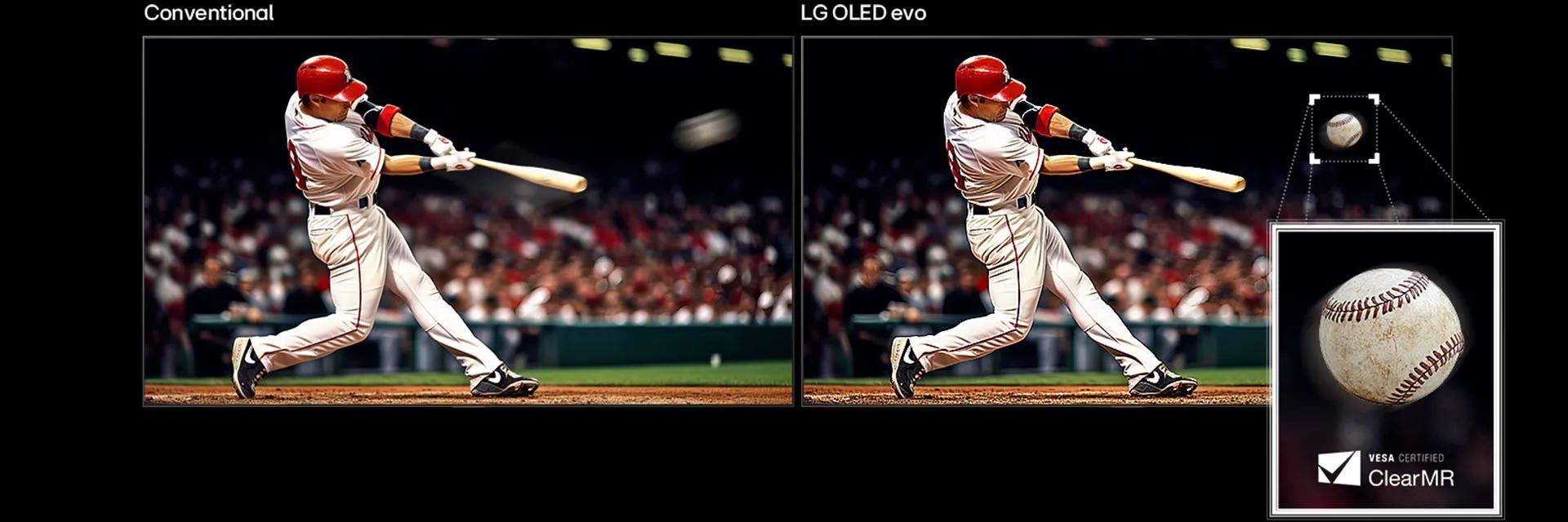 LG TV with ClearMR certified by VESA demonstrates motion clarity through side-by-side baseball action scenes, contrasting conventional viewing on the left with LG OLED evo’s sharp detail and reduced blur on the right.