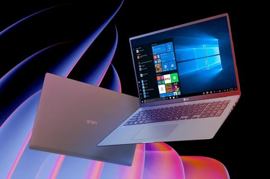 Two LG gram laptops on a purple and pink abstract background