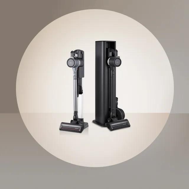 Two CordZero cordless stick vacuums appear side-by-side on a tan background.