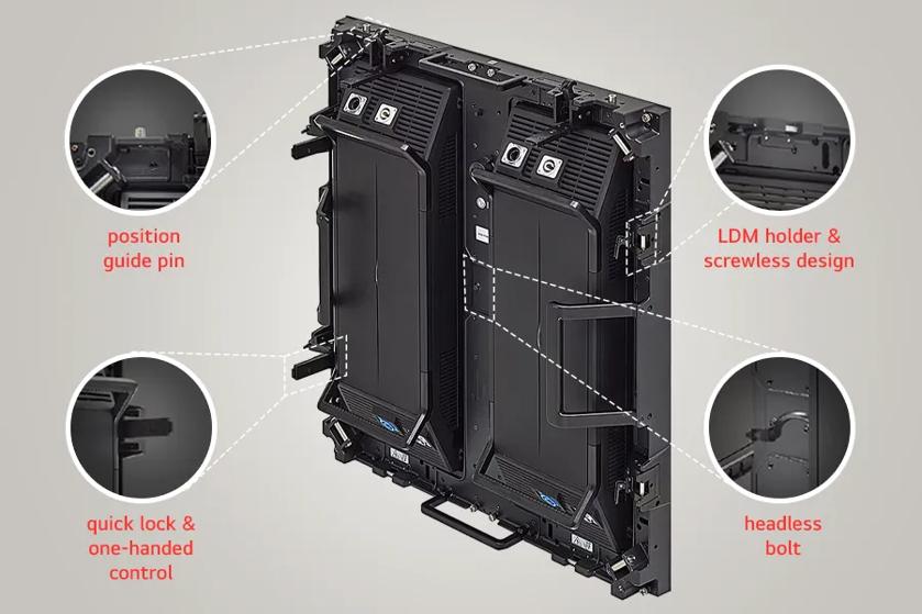 Rear view of two black modular LED panels with highlighted features including a position guide pin, LDM holder, and headless bolt.