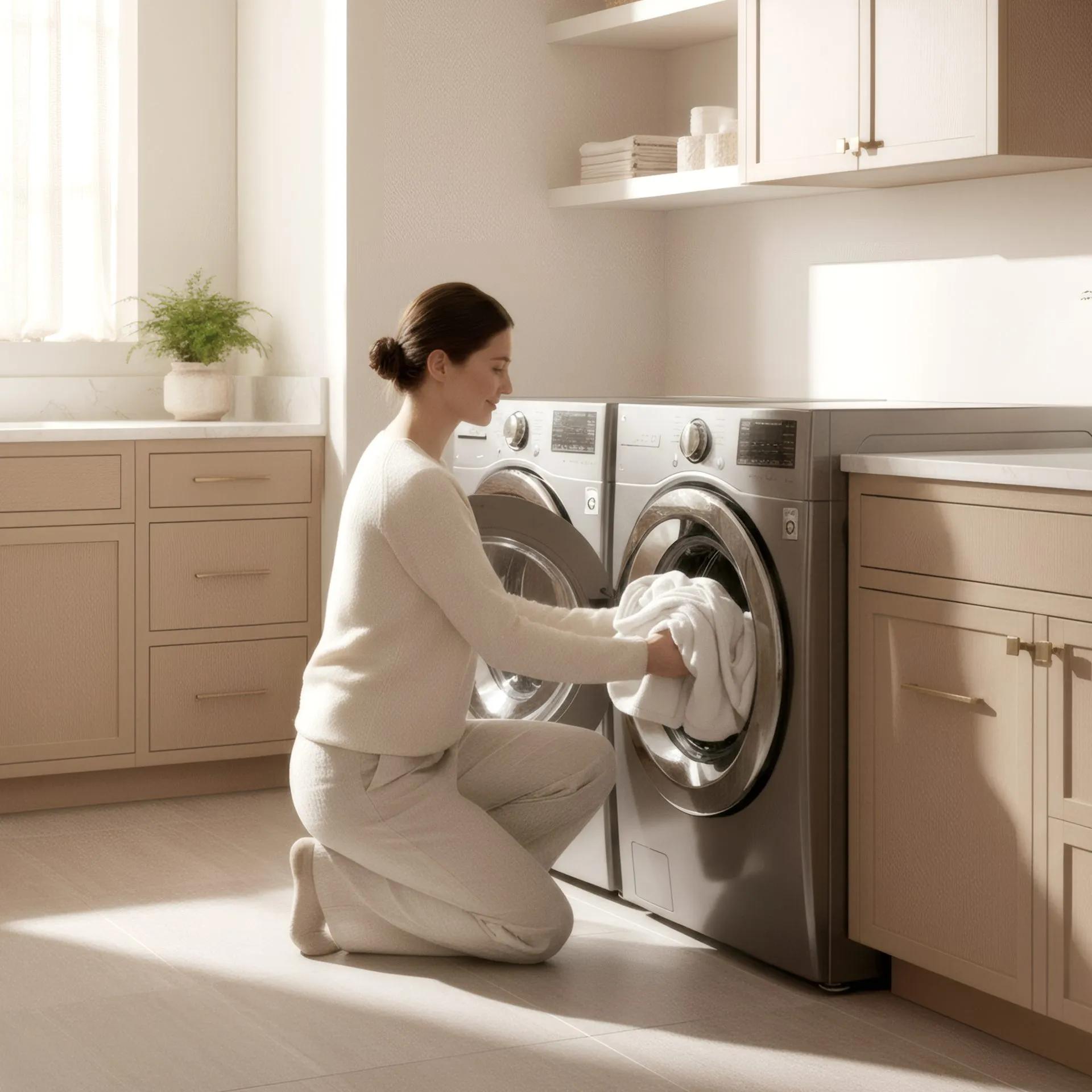 A woman in a bright laundry room loads white towels into a gray LG front load washer positioned beside a matching LG dryer.