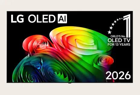 The front view of LG OLED AI features a slim black bezel, with a vivid, sculptural image of richly layered, multicolored forms filling the screen.