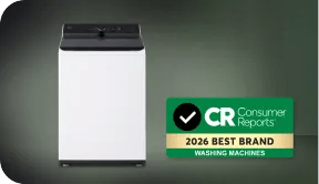 LG top-load washer with Consumer Reports 2026 Best Brand Washing Machines badge