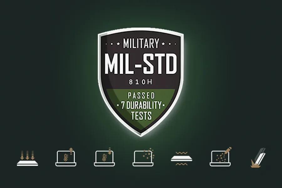 LG 14Z95U-G.AU86U1 laptop with Military MIL-STD 810H certification badge showing passed 7 durability tests with icons for different testing conditions