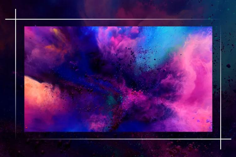Ultimate business display on a muted multicolored background, with a brighter colorful image displayed on it.