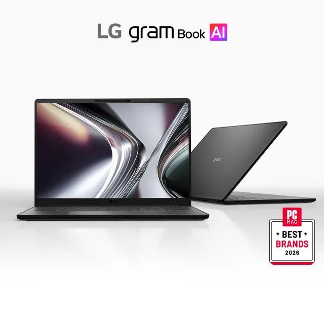 LG gram Book AI laptop shown open with a second view partially closed on a light, gradient background.