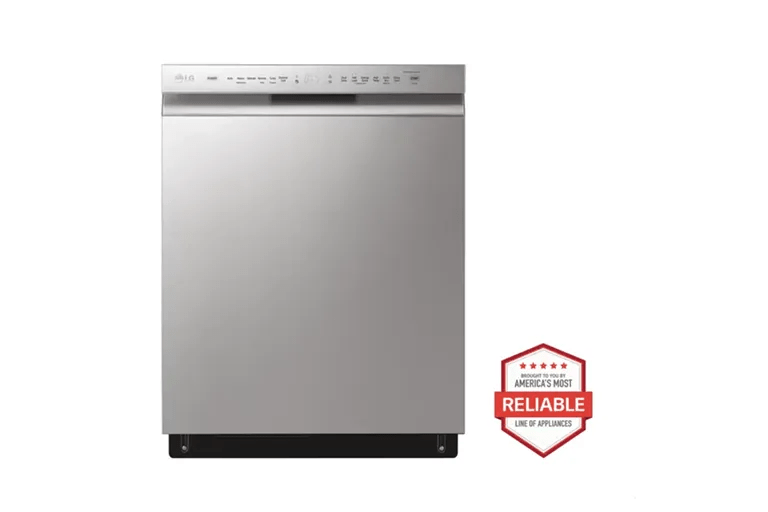 A front-facing image of an LG LDFN4542S front control dishwasher next to a red "Brought to you by American's Most Reliable Line of Appliances" badge.