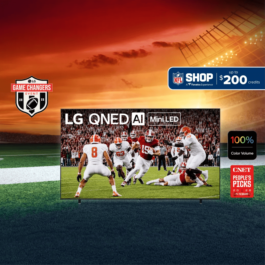 LG "Game Changers Event" promo showing an LG QNED AI Mini LED TV displaying a college football play, set against a stadium sunset and football field background. Badges highlight "100% Color Volume" and "CNET People's Picks 2026 #1 TV Brand." A banner offers "NFL Shop, a Fanatics Experience — up to $200 credits."