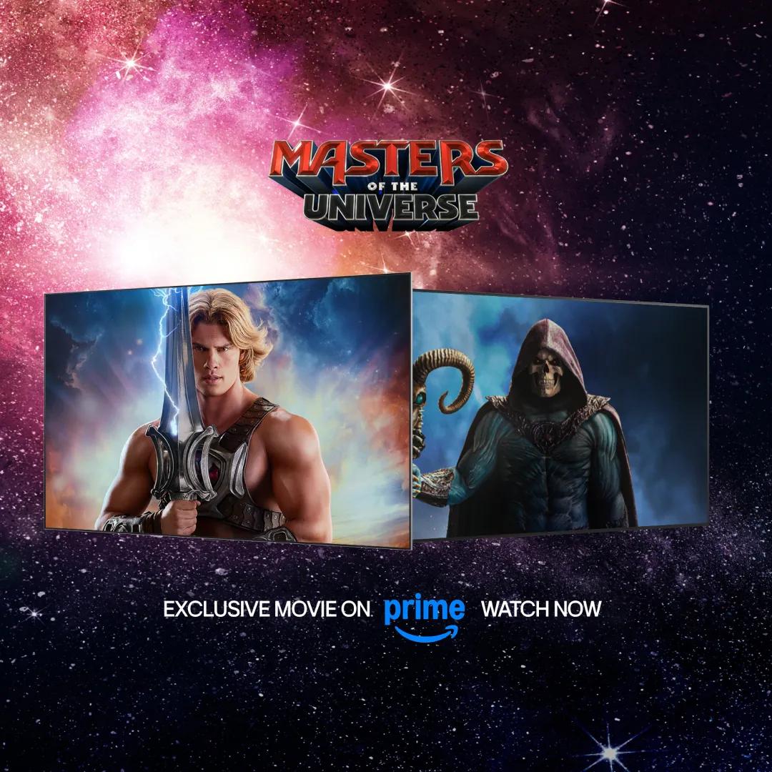 LG OLED TV displaying Masters of the Universe characters He-Man and Skeletor. Masters of the Universe logo above. EXCLUSIVE MOVIE ON prime WATCH NOW