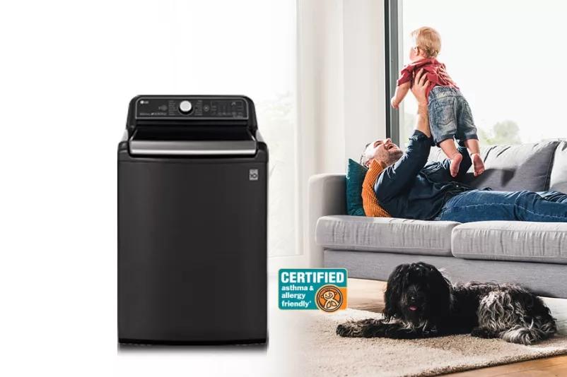 Top load Washer in front of grass and flowers  LG washers with the Allergiene Cycle use the power of steam to remove over 95 of pet dander and dust mites