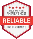 A red hexagonal badge reads 'Brought to you by American's Most Reliable Line of Appliances' with five red stars at the top.
