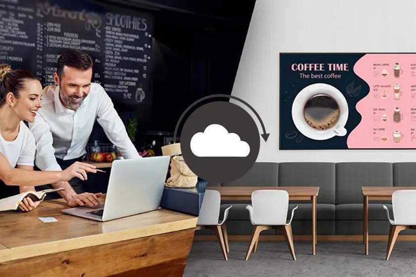 Two people at a coffee shop counter with a laptop, and a modern café interior featuring a "Coffee Time" menu sign and seating.