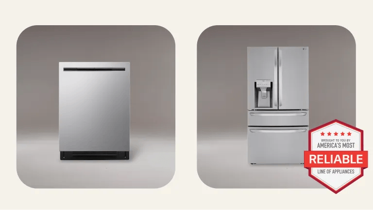 LG dishwasher and LG french door refrigerator bundle deal with brought to you by America's Most Reliable Line of Appliances badge