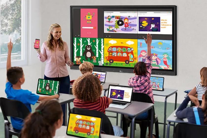 A classroom uses screenshare capabilities to wirelessly screenshare. What schoolchildren have drawn on their laptops is also displayed on the CreateBoard screen.